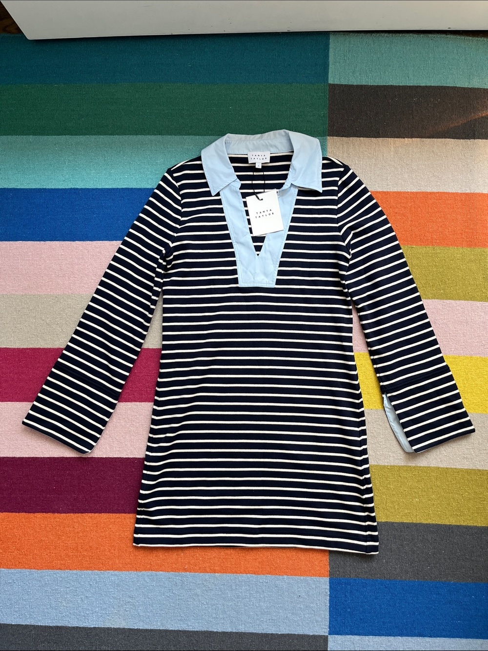 Tanya Taylor Navy & White Striped Polo Tunic with Light Blue Collar